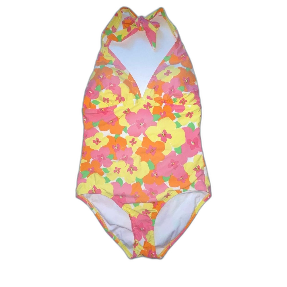 Lilly Pulitzer One Piece Swimsuit Pink Yellow Floral Halter Top Size Small